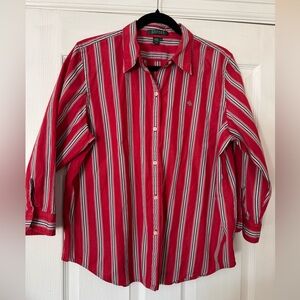 Vintage Y2K Ralph Lauren Red & White Striped Button-Down with 3/4 length sleeves